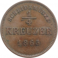 Шварцбург-Рудольштадт 1/4 крейцера 1865 г., UNC, "Князь Фридрих Гюнтер (1807 - 1867)"