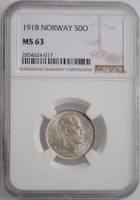 Норвегия 50 эре 1918 г., NGC MS63, "Король Хокон VII (1906 - 1957)"