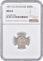 Дания 4 скиллинг-ригсмёнта 1871 г. CS, NGC MS63, "Король Кристиан IX (1863 - 1906)"