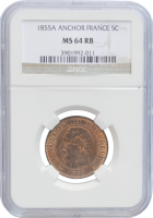 Франция 5 сантимов 1855 г. A, NGC MS64 RB, "Император Наполеон III (1852 - 1870)" Top Pop