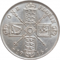 Великобритания 2 шиллинга (флорин) 1916 г., UNC, "Король Георг V (1910 - 1936)"