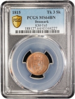 Дания 3 скиллинга 1815 г., PCGS MS64 BN, "Король Фредерик VI (1808 - 1839)" Top Pop