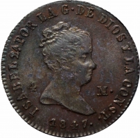Испания 4 мараведи 1847 г. JA, UNC, "Королева Изабелла II (1847 - 1864)"