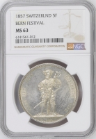 Швейцария 5 франков 1857 г., NGC MS63, "Стрелковый фестиваль в Берне"