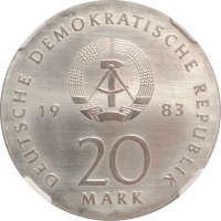 ГДР 20 марок 1983 г., NGC MS67, "500 лет со дня рождения Мартина Лютера"
