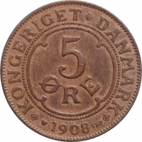Дания 5 эре 1908 г. VBP, XF, "Король Фредерик VIII (1906 - 1912)"