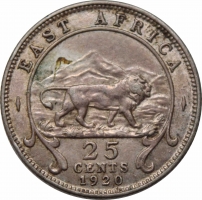 Британская Восточная Африка 25 центов 1920 г. H, AU, "Король Георг V (1911 - 1937)"