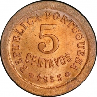Гвинея-Бисау 5 сентаво 1933 г., PCGS MS64 RB, "Португальская колония (1933- 1974)"