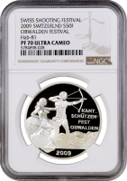 Швейцария 50 франков 2009 г., NGC PF70 UC, "Стрелковый фестиваль в Обвальдене" Top Pop