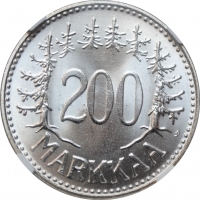 Финляндия  200 марок 1959 г. S, NGC MS66, "Финляндская Республика (Suomi) (1918 - 1962)"