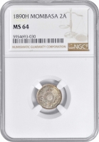 Момбаса 2 анны 1890 г. H, NGC MS64, "Британская восточноафриканская компания (1888 - 1890)"