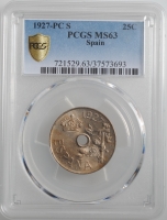 Испания 25 сентимо 1927 г., PCGS MS63, "Король Альфонсо XIII (1886 - 1931)"
