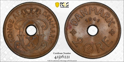 Фарерские острова 2 эре 1941 г., PCGS UNC Details, "Король Кристиан X (1941 - 1941)"