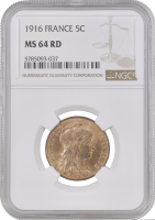 Франция 5 сантимов 1916 г. ★, NGC MS64 RD, "Третья Республика (1870 - 1941)" Madrid Mint