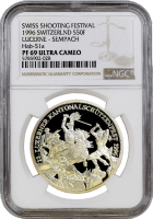 Швейцария 50 франков 1996 г., NGC PF69 UC, "Стрелковый фестиваль в Земпахе"