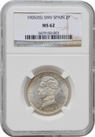 Испания 2 песеты 1905 г. SMV, NGC MS62, "Король Альфонсо XIII (1886 - 1931)"