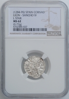 Испания, Кастилия и Леон 1 Динеро 1286-1288 г., NGC MS62, "Король Санчо IV (1284 - 1295)"
