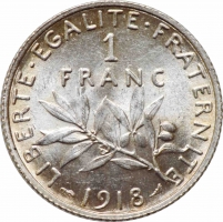 Франция 1 франк 1918 г., BU, "Третья Республика (1870 - 1941)"
