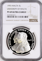 Мальта 5 лир 1993 г., NGC  PF69 UC, "400-летие - Университет Мальты" Top Pop