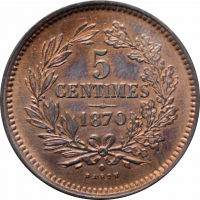 Люксембург 5 сантимов 1870 г., UNC, "Великий герцог Виллем III (1849 - 1890)"