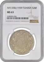 Тунис 20 франков AH 1358 (1939 г.), NGC MS63, "Французский протекторат (1890 - 1957)"