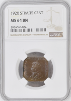 Стрейтс Сетлментс 1 цент 1920 г., NGC MS64 BN, "Король Георг V (1911 - 1935)"
