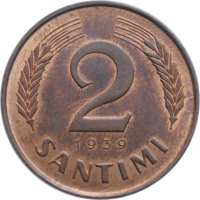 Латвия 2 сантима 1939 г., UNC, "Первая Республика (1922 - 1940)"
