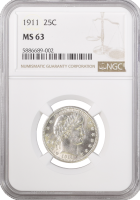 США 1/4 доллара (квотер) 1911 г., NGC MS63, "Barber Quarter"