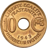 Французская Экваториальная Африка 10 сантимов 1943 г., UNC, "Колония Франции (1942 - 1958)"