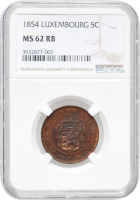 Люксембург 5 сантимов 1854 г., NGC MS62 RB, "Великий герцог Виллем III (1849 - 1890)" Top Pop