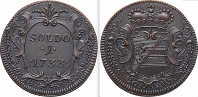 Горица 1, 2, 3 сольдо 1733-34 г., NGC MS70 BN RESTRIKE, "Графство Горица и Градишка (1733 - 1802)"