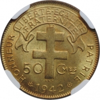 Французская Экваториальная Африка 50 сантимов 1942 г. SA, NGC MS65, "Колония Франции (1942 - 1958)"