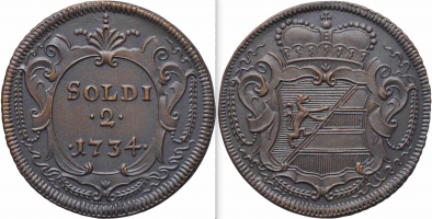 Горица 1, 2, 3 сольдо 1733-34 г., NGC MS70 BN RESTRIKE, "Графство Горица и Градишка (1733 - 1802)"
