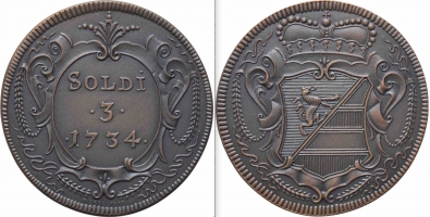Горица 1, 2, 3 сольдо 1733-34 г., NGC MS70 BN RESTRIKE, "Графство Горица и Градишка (1733 - 1802)"