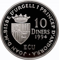 Андорра 10 динеров 1994 г., PROOF, "Членство Андорры в ООН"
