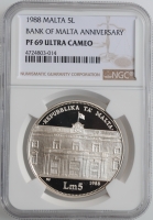 Мальта 5 лир 1988 г., NGC PF69, "20 лет Центральному банку Мальты"