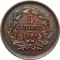Люксембург 5 сантимов 1860 г. A, UNC, "Великий герцог Виллем III (1849 - 1890)"