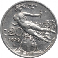 Италия 20 чентезимо 1909 г., UNC, "Король Виктор Эммануил III (1900 - 1946)"