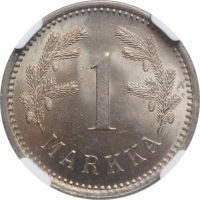 Финляндия 1 марка 1921 г. H, NGC MS64+, "Финляндская Республика (Suomi) (1918 - 1962)"