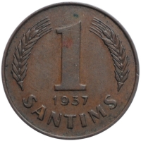 Латвия 1 сантим 1937 г., AU, "Первая Республика (1922 - 1940)"