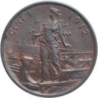 Италия 1 чентезимо 1912 г., UNC, "Король Виктор Эммануил III (1900 - 1946)"