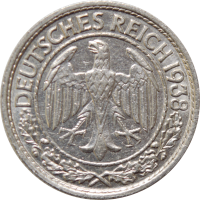 Германия 50 рейхспфеннигов 1938 г. E, AU, "Веймарская Республика (Рейхсмарка) (1924 - 1938)"