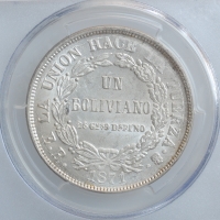 Боливия 1 боливиано 1871 г. ER, PCGS MS62, "Республика Боливия (1870 - 1963)"