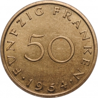 Саар 50 франков 1954 г., BU, "Протекторат Саар (1947 - 1956)"