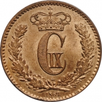Дания 1 скиллинг 1867 г., UNC, "Король Кристиан IX (1863 - 1906)"