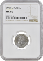 Испания 5 сентимо 1937 г., NGC MS63, "Вторая Республика (1931 - 1939)"