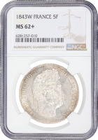 Франция 5 франков 1843 г. W, NGC MS62+, "Король Луи Филипп I (1830 - 1848)"