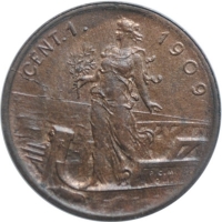Италия 1 чентезимо 1909 г., UNC, "Король Виктор Эммануил III (1900 - 1946)"