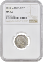 Великобритания 6 пенсов 1816 г., NGC MS64, "Король Георг III (1760 - 1820)"