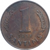 Латвия 1 сантим 1938 г., AU, "Первая Республика (1922 - 1940)"